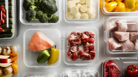 Surtido de ingredientes frescos en recipientes transparentes, incluyendo verduras, frutas y carnes, para la preparación de comidas