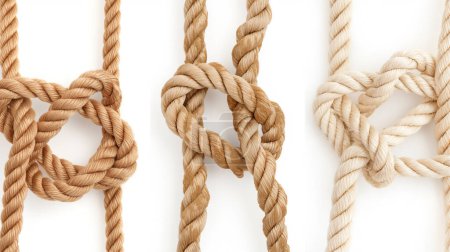 Three different types of knots tied in thick ropes displayed against a white background.