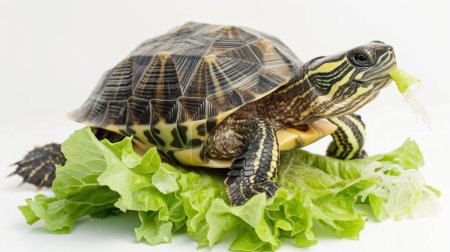 Eine Schildkröte kaut auf Salat, wobei ihre detaillierten Panzermuster vor weißem Hintergrund sichtbar sind.