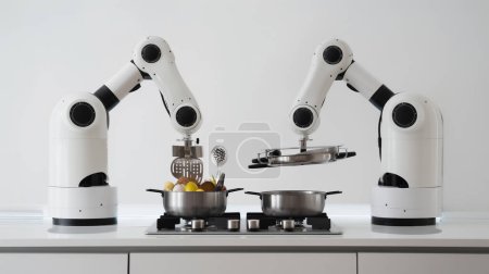Roboterarme in der Küche mit moderner kulinarischer Technologie.