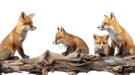 Photo for Four red foxes with vibrant fur on a log, against a white backdrop, displaying curiosity and alertness. - Royalty Free Image
