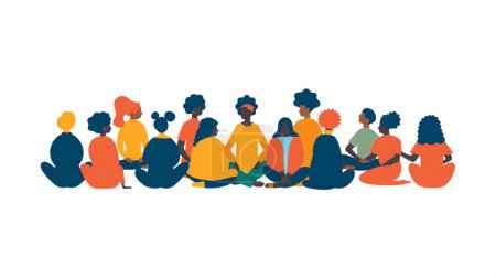 Illustration of diverse people sitting together in a row, viewed from the back, on a white background.