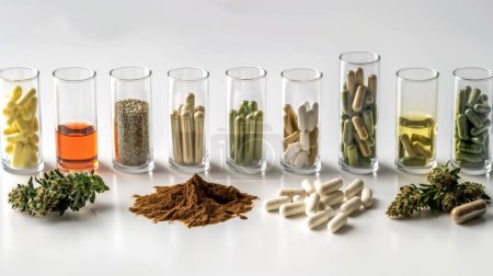 Verschiedene Nahrungsergänzungsmittel und Kräuter werden in durchsichtigen Gläsern ausgestellt und ausgebreitet, um alternative Behandlungsmöglichkeiten aufzuzeigen..