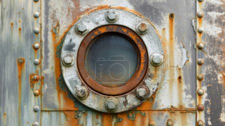 Agujero de buey oxidado y circular sobre una superficie metálica corroída con pintura descascarada.
