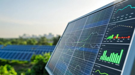 Solar panel display with performance graphs overlay, in a field of solar arrays under a clear sky.