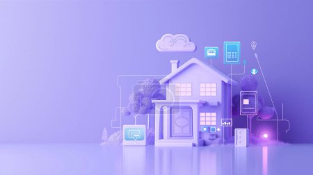 Una ilustración elegante púrpura estilizada del hogar con los dispositivos conectados.