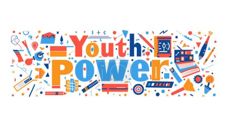 Lebendige Grafik mit "Youth Power" -Text, umgeben von Symbolen für Bildung, Kreativität und Technologie.