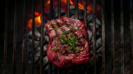 Grilled steak with herbs on a barbecue over glowing coals.