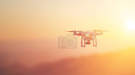 Téléchargez les photos : Drone volant au coucher du soleil avec des lumières incandescentes contre un ciel doux. - en image libre de droit