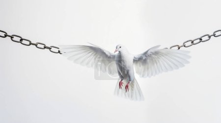 White dove in flight breaking free from chains, symbolizing peace and freedom.