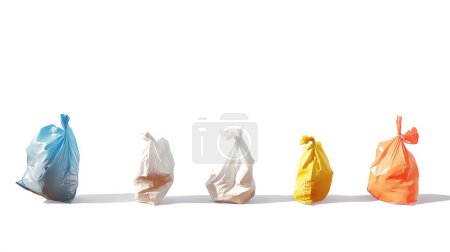 Cuatro coloridas bolsas de basura atadas dispuestas en fila sobre un fondo blanco.