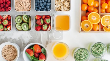 Healthy food assortment with fruits, legumes, and juices neatly arranged in containers.
