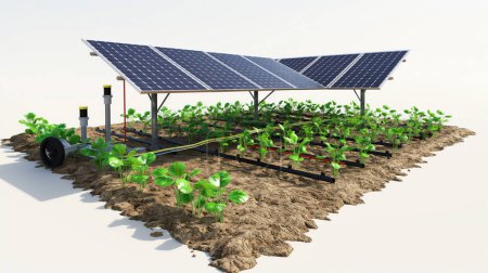Concepto de tecnología agrícola con paneles solares que impulsan un sistema de crecimiento agrícola sostenible.