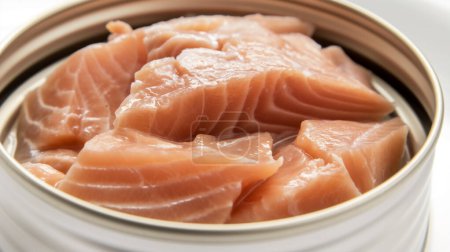 Filetes de salmón enlatados de cerca, destacando el tono naranja rosado y la textura tierna del pescado.