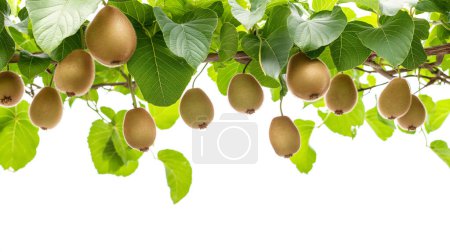 Kiwi fruits hanging from a branch with lush green leaves, isolated on white.