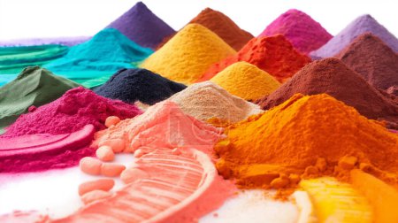 Montones vibrantes de coloridos pigmentos en polvo, utilizados tradicionalmente en las celebraciones del festival Holi.