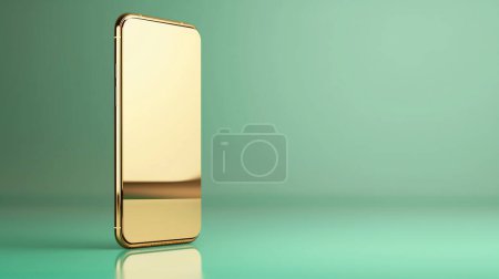 Smartphone dorado con una superficie reflectante de pie sobre un fondo verde menta, que representa la tecnología moderna y el lujo.