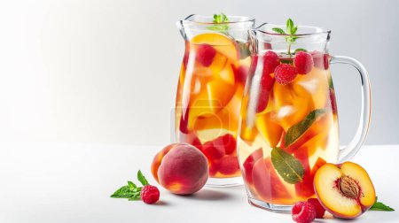Photo for Two pitchers filled with peach and raspberry infused water garnished with mint leaves. - Royalty Free Image