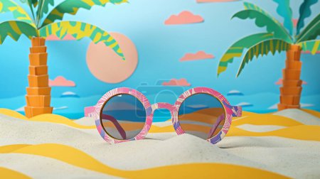 Photo for Sunglasses on a sandy beach with paper palm trees and a sun in the background. - Royalty Free Image