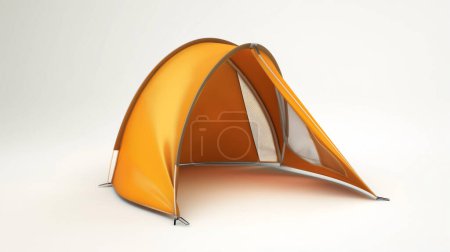 Tienda de camping naranja abierta y acampada sobre un fondo liso.