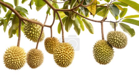 Fruits duriens suspendus à une branche d'arbre, isolés sur un fond blanc.