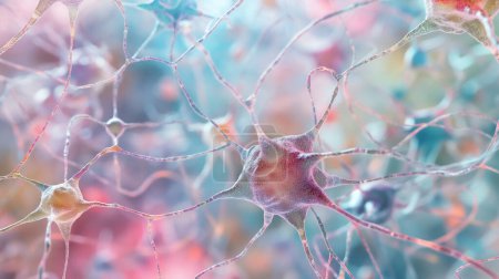 Neuronales Netzwerk mit Synapsen, neuronale Verbindungen in einem bunten abstrakten Hintergrund.