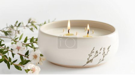 Three-wick scented candle burning, with floral decoration and branch with flowers.
