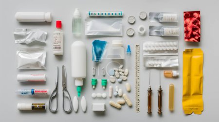 Various medical supplies neatly organized on a white surface.