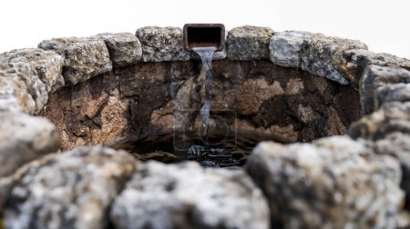 Steinbrunnen mit Wasser aus einem Metallrohr, detaillierte Strukturen sichtbar.