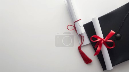 Absolventenmütze mit einem Diplom, das mit einer roten Schleife gebunden ist und für akademische Leistungen steht.
