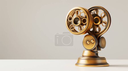 Goldenes Filmprojektormodell mit komplizierten Details, dargestellt auf einer sauberen Oberfläche vor neutralem Hintergrund.
