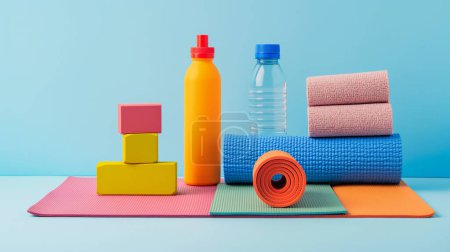 Equipo de fitness de colores brillantes sobre un fondo azul, con colchonetas de yoga, toallas, bloques y botellas.