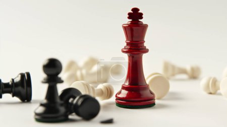 Eine rote Königsschachfigur steht hoch zwischen gefallenen schwarz-weißen Schachfiguren auf hellem Hintergrund.