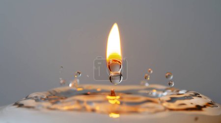 Candle flame reflected in melted wax pool with droplets.