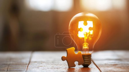 Photo for Lightbulb with a glowing puzzle piece inside, on a wooden surface. - Royalty Free Image