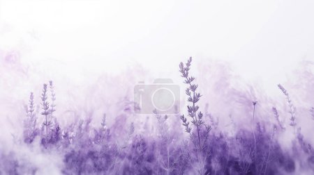 Téléchargez les photos : Champ de lavande brumeux s'estompe dans une brume blanche douce et éthéré. - en image libre de droit