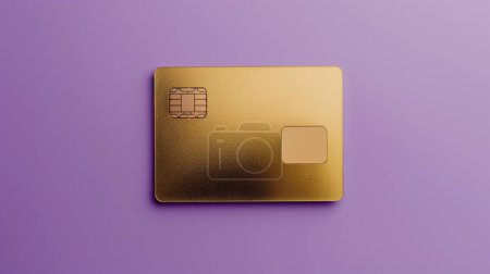 Golden credit card on a purple background, symbolizing luxury and wealth.