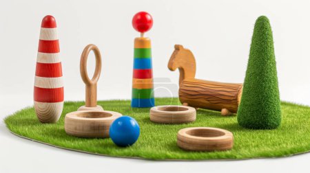Juguetes de madera para niños en césped artificial, incluyendo un caballo, anillos y una torre de apilamiento.