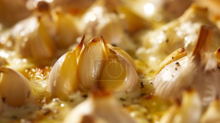 Roasted garlic cloves close-up, with golden edges and aromatic oils, suggesting rich flavor.