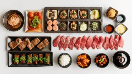 Surtido de platos de barbacoa coreana con carnes, fideos y verduras cuidadosamente presentados en una superficie blanca.
