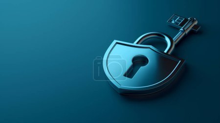 A sleek padlock with a metallic key on a seamless blue background, symbolizing security.