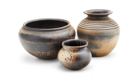 Three earthenware pots with rustic textures and patterns, isolated on a white background, showcasing traditional pottery craftsmanship.