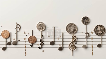 Téléchargez les photos : Les pièces forment des notes musicales sur les portées, suggérant un mélange de finance et de musique sur un fond pâle - en image libre de droit