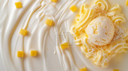 Vanilla ice cream scoop with shredded cheese and mango cubes on a creamy swirl background.