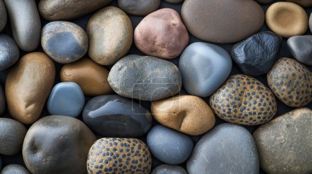 Photo for Assorted smooth pebbles in varying hues and patterns tightly packed together. - Royalty Free Image