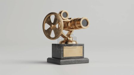 Goldene Filmprojektor-Trophäe aus Vintage auf schwarzem Granitsockel mit leerer Plakette.