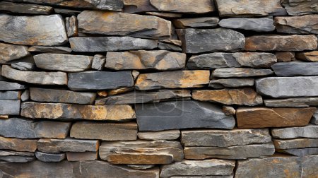 Close-up of a stone wall with varied shapes and sizes of rocks fitted together.