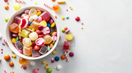 Foto de Surtido de caramelos y dulces de colores sobre un fondo blanco con amplio espacio de copia. - Imagen libre de derechos