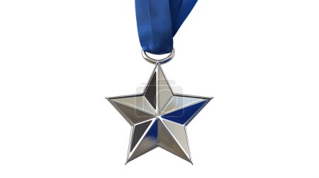 Téléchargez les photos : Médaille étoile d'argent avec des accents bleus suspendus à un ruban bleu isolé sur blanc. - en image libre de droit
