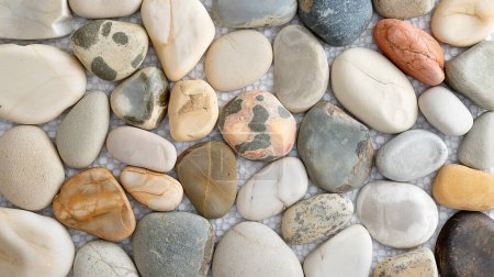 Assorted smooth river stones with various colors and patterns on a mesh background.